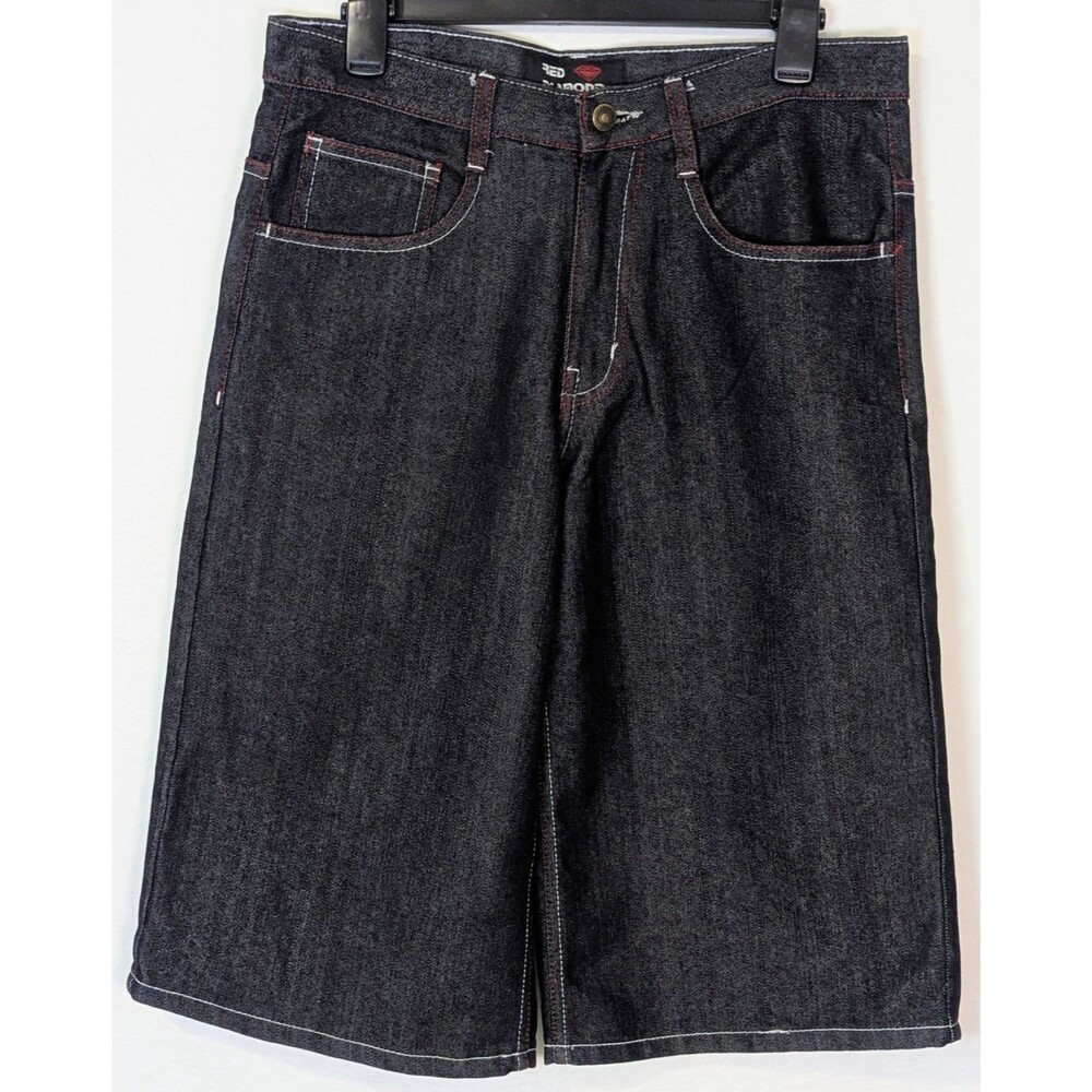 Red Diamond Y2K Baggy Denim Shorts Mens 30 Dark Wash Hip Hop Streetwear